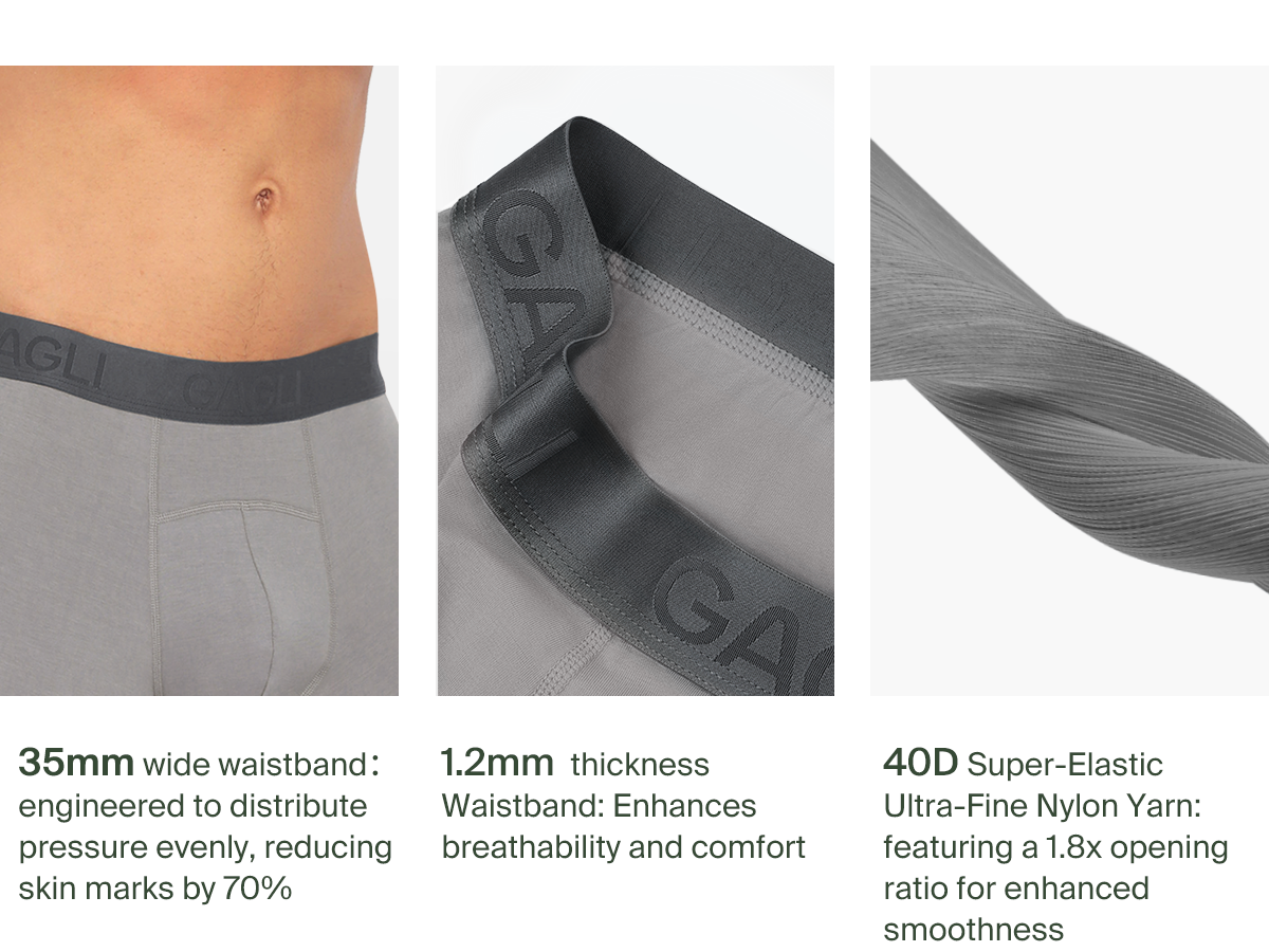 Purchasing Points for the GAGLI boxer brief. 35mm waistband, 1.2mm thickness waistband, and 40D elastic nylon yarn.