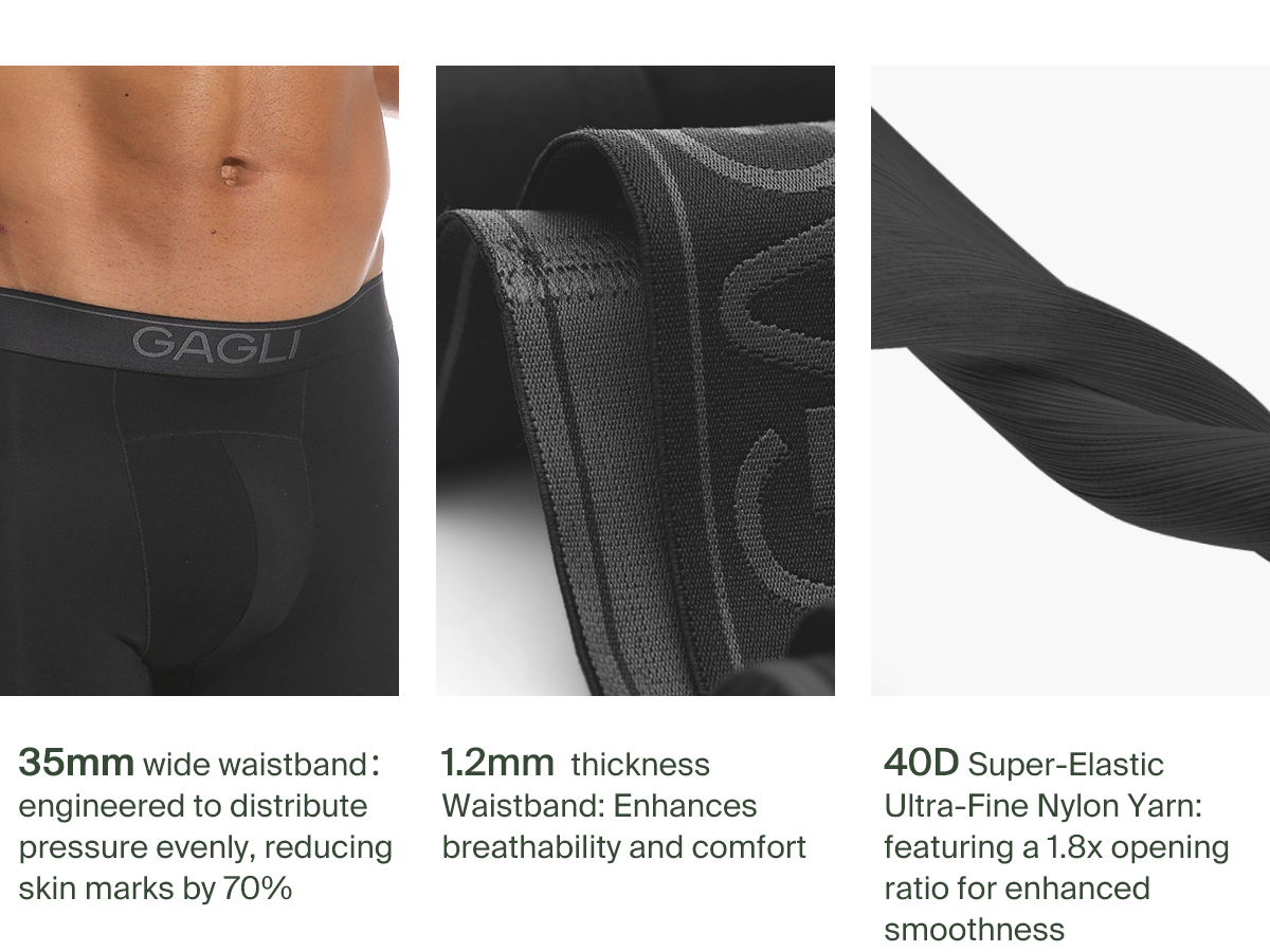Purchasing Points for the GAGLI boxer brief. 35mm waistband, 1.2mm thickness waistband, and 40D elastic nylon yarn.